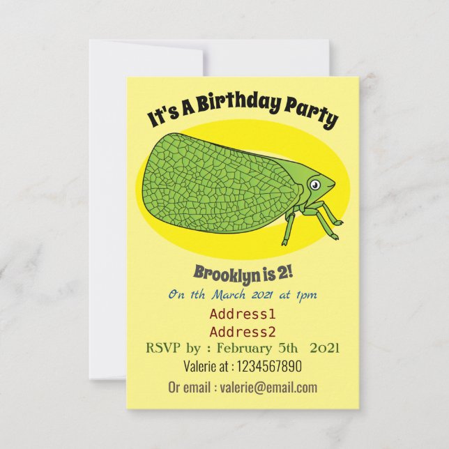 Cute green leaf hopper insect cartoon illustration invitation (Front)