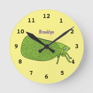 Cute green leaf hopper insect cartoon illustration round clock