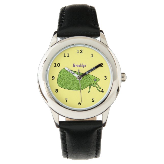 Cute green leaf hopper insect cartoon illustration watch (Front)