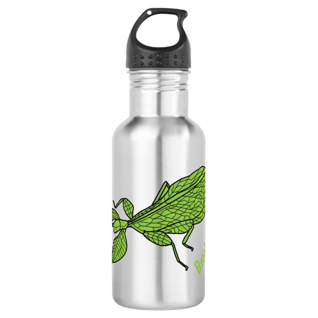 Cute green leaf insect cartoon illustration 532 ml water bottle (Front)