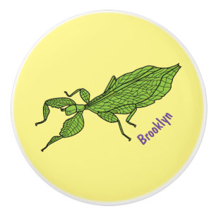 Cute green leaf insect cartoon illustration ceramic knob