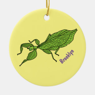 Cute green leaf insect cartoon illustration ceramic ornament