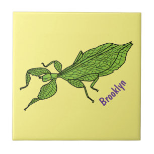 Cute green leaf insect cartoon illustration ceramic tile