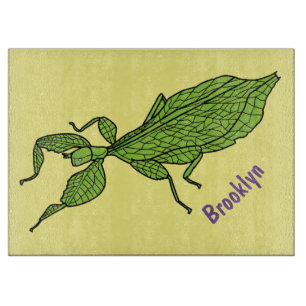 Cute green leaf insect cartoon illustration cutting board