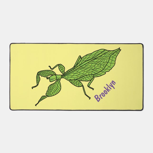 Cute green leaf insect cartoon illustration desk mat (Front)