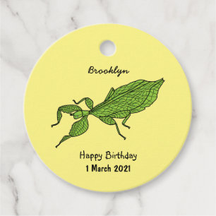 Cute green leaf insect cartoon illustration favour tags