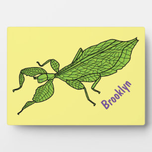 Cute green leaf insect cartoon illustration plaque