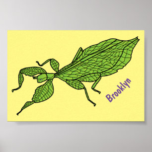 Cute green leaf insect cartoon illustration poster