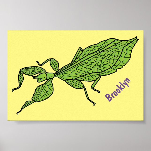 Cute green leaf insect cartoon illustration poster (Front)