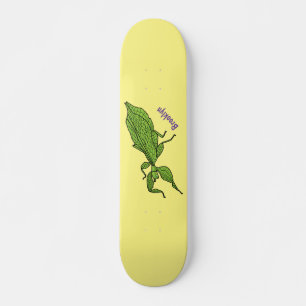 Cute green leaf insect cartoon illustration skateboard