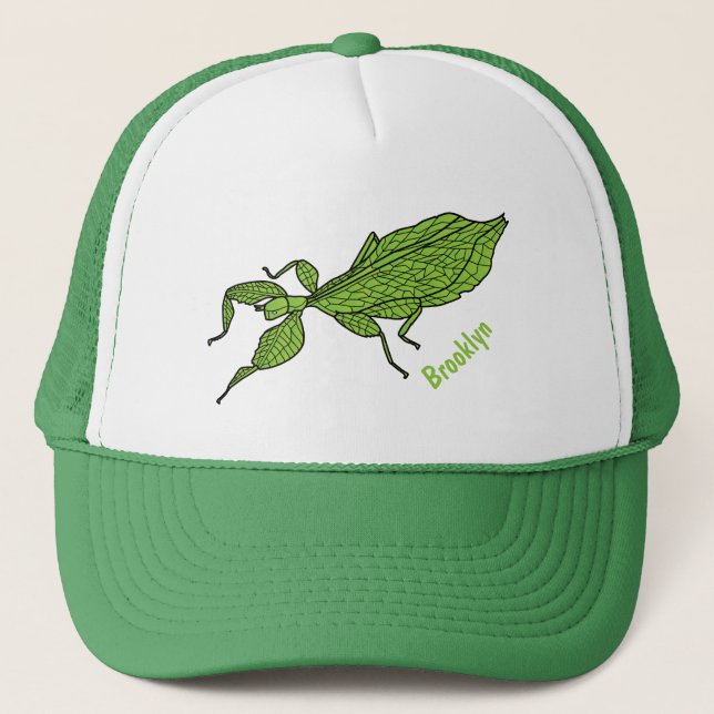 Cute green leaf insect cartoon illustration trucker hat (Front)