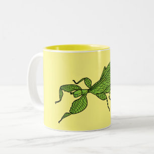 Cute green leaf insect cartoon illustration Two-Tone coffee mug