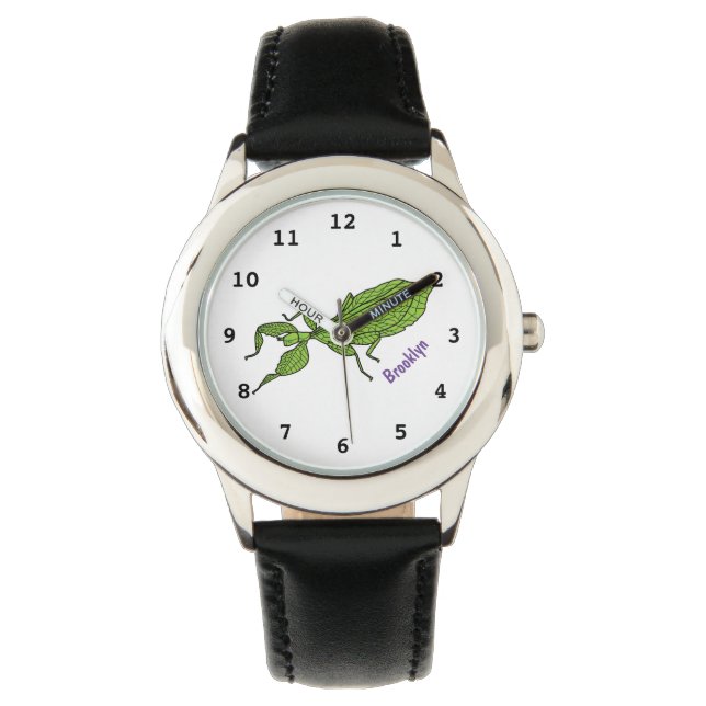 Cute green leaf insect cartoon illustration watch (Front)
