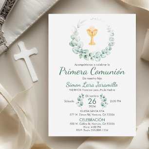 Cute Green Leaves in Spanish First Communion Invitation