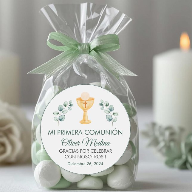 Cute Green Leaves Spanish First Communion  Classic Round Sticker (Creator Uploaded)