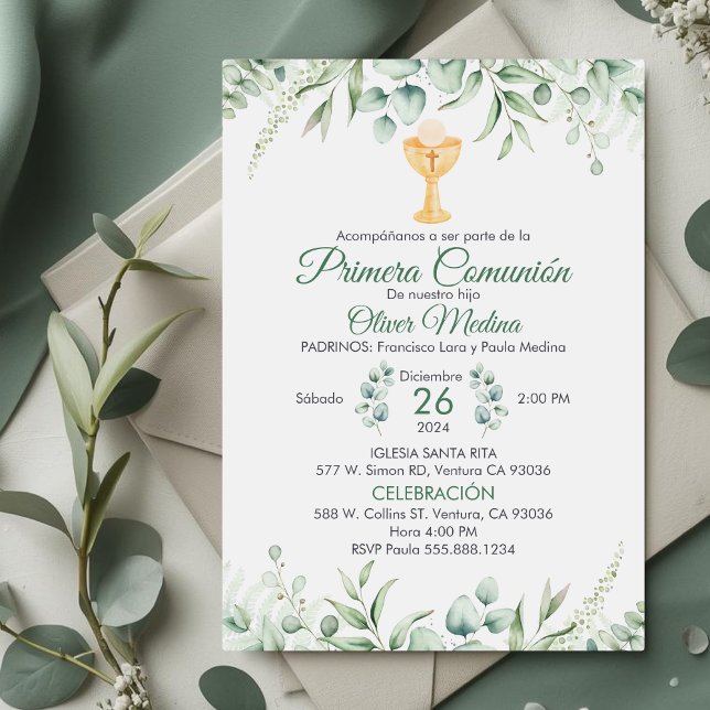 Cute Green Leaves Spanish First Communion  Invitation (Creator Uploaded)