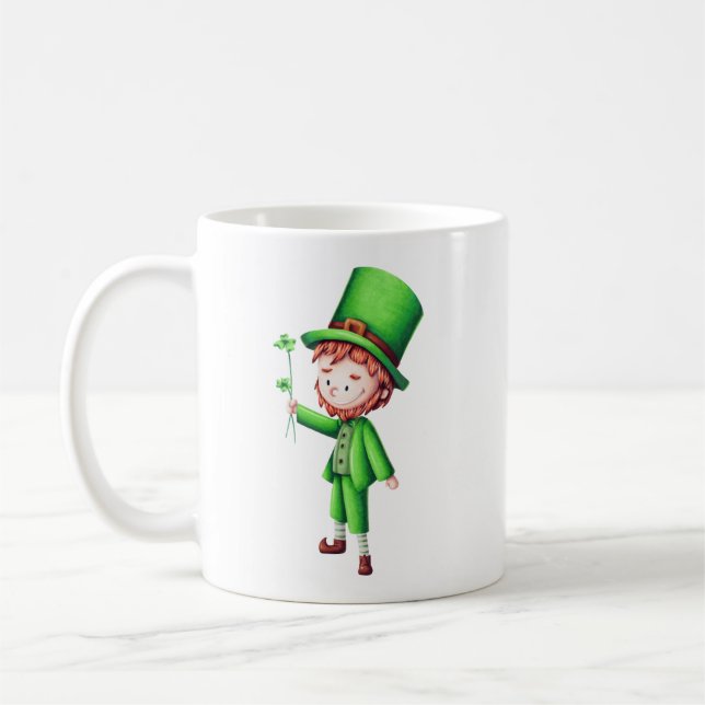 Cute Green Leprechaun Shamrock Coffee Mug (Left)