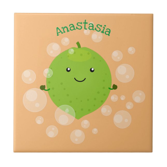 Cute green lime bubbles cartoon illustration ceramic tile (Front)