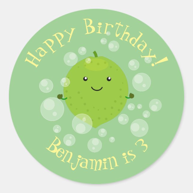 Cute green lime bubbles cartoon illustration classic round sticker (Front)