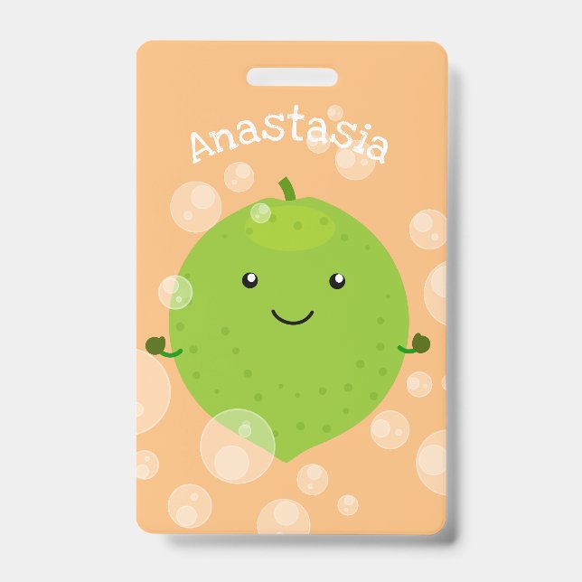Cute green lime bubbles cartoon illustration ID badge (Front)