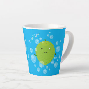Cute green lime bubbles cartoon illustration latte mug