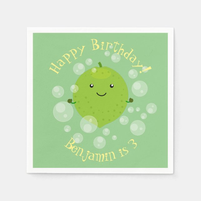 Cute green lime bubbles cartoon illustration napkin (Front)