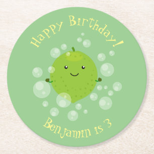 Cute green lime bubbles cartoon illustration round paper coaster