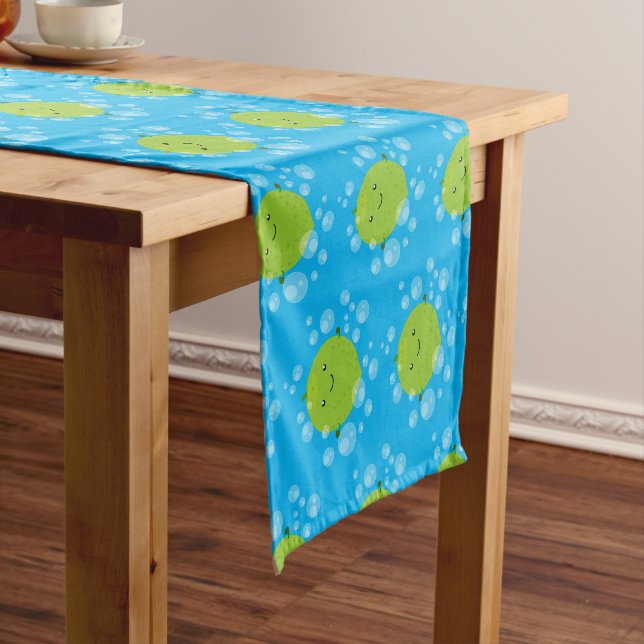 Cute green lime bubbles cartoon illustration short table runner (In Situ)