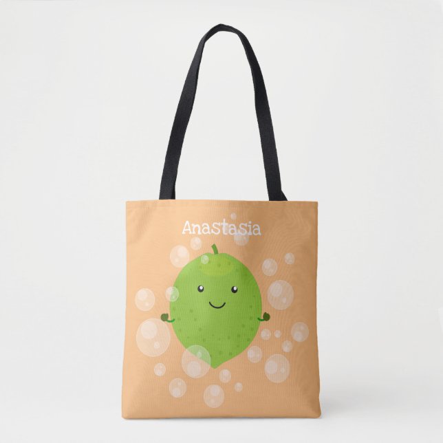Cute green lime bubbles cartoon illustration tote bag (Front)