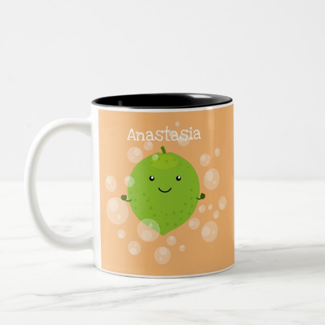 Cute green lime bubbles cartoon illustration Two-Tone coffee mug (Left)