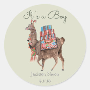 Cute Green Llama Animal   Baby Shower boy Classic Round Sticker