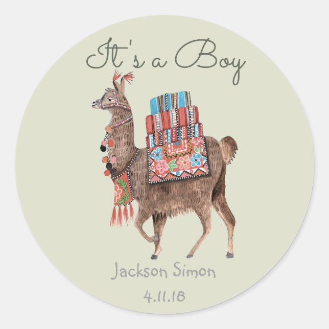 Cute Green Llama Animal | Baby Shower boy Classic Round Sticker (Front)