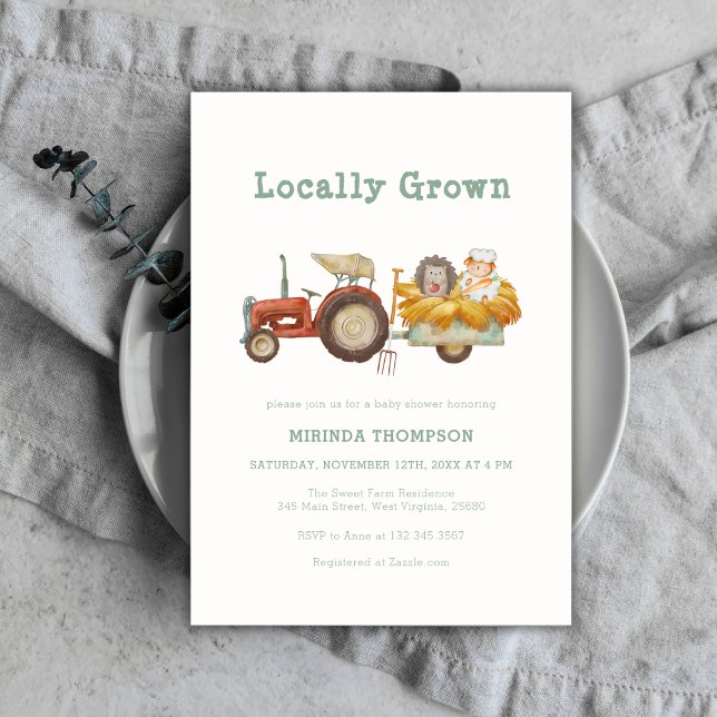 Cute Green Locally Grown Farm Tractor  Baby Shower Invitation (Cute Green Locally Grown Farm Tractor Baby Shower Invitation)