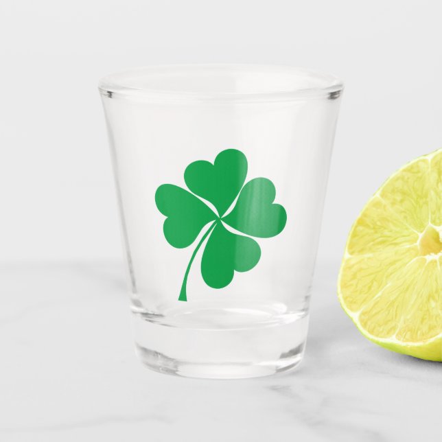 Cute Green Lucky 4 leaves heart Clover shamrock Shot Glass (Front)