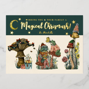 Cute Green Magical Mushroom Merry Christmas Foil Holiday Postcard