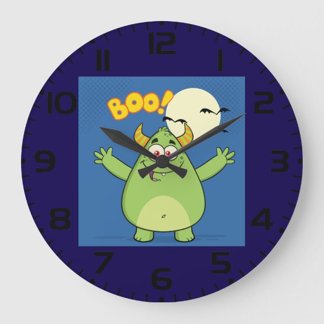 Cute Green Monster Halloween Boo Large Clock (Front)