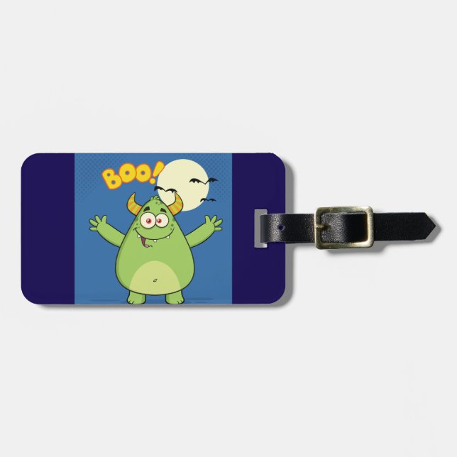 Cute Green Monster Halloween Boo Luggage Tag (Front Horizontal)