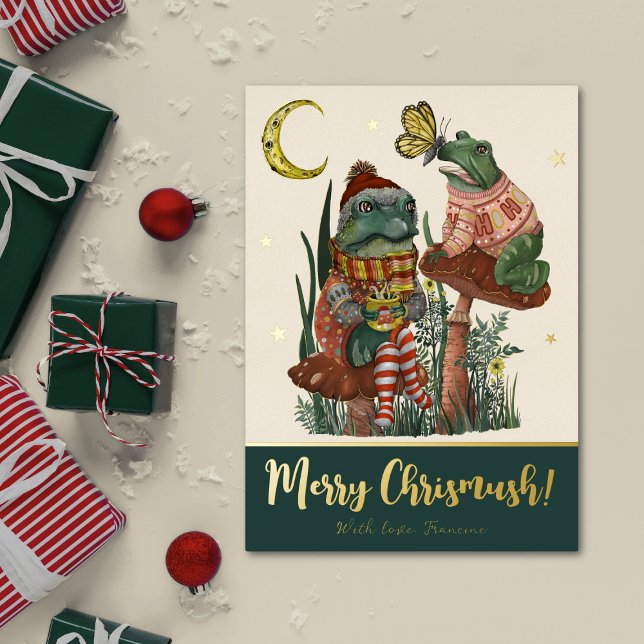 Cute Green Mushroom Frog and Toad Merry Christmas  Foil Holiday Card (Green and real gold foil Christmas flat card with a whimsical illustration of frogs on mushrooms)