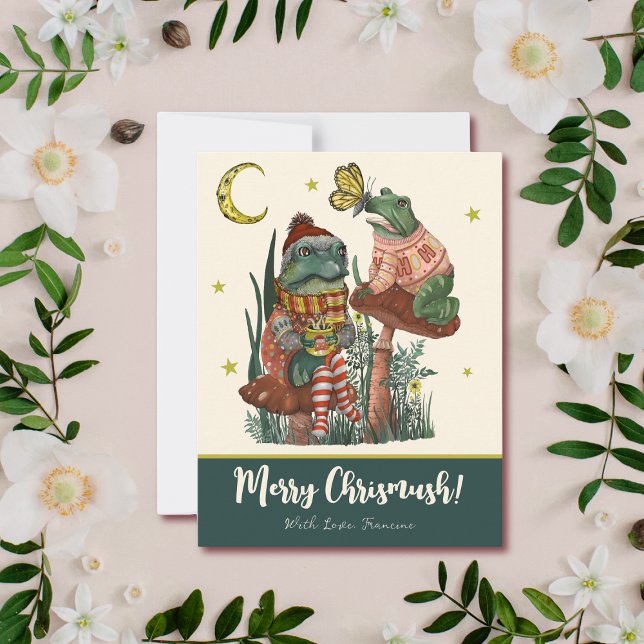 Cute Green Mushroom Frog and Toad Merry Christmas  Holiday Card (Creator Uploaded)