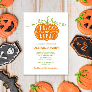 Cute Green Orange Trick or Treat Halloween Party Invitation