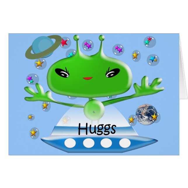 Cute Green Outer Space Aliens with Space Ship (Front Horizontal)