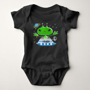 Cute Green Outer Space Aliens with Space Ship Baby Bodysuit