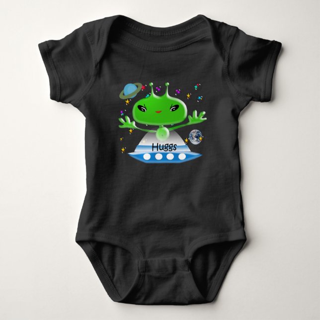 Cute Green Outer Space Aliens with Space Ship Baby Bodysuit (Front)