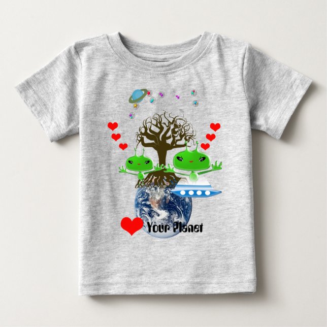 Cute Green Outer Space Aliens with Space Ship Baby T-Shirt (Front)