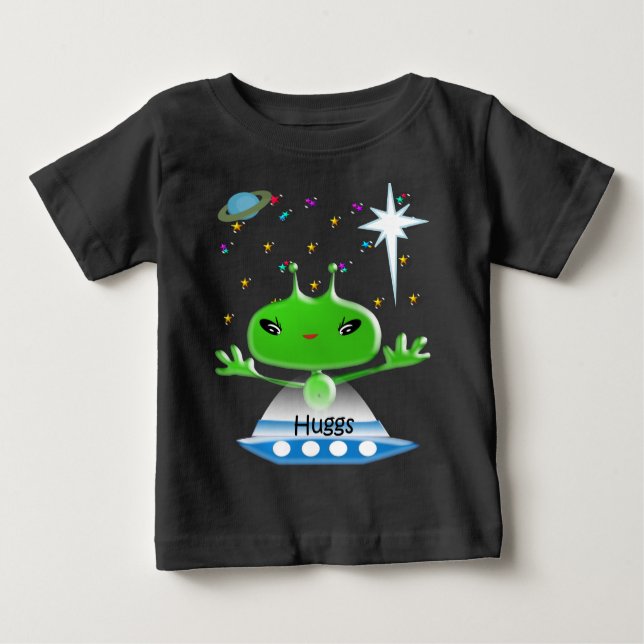 Cute Green Outer Space Aliens with Space Ship Baby T-Shirt (Front)