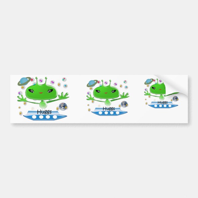 Cute Green Outer Space Aliens with Space Ship Bumper Sticker (Front)