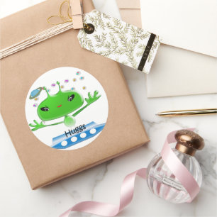 Cute Green Outer Space Aliens with Space Ship Classic Round Sticker