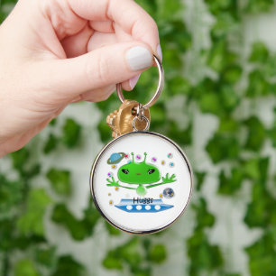 Cute Green Outer Space Aliens with Space Ship Key Ring
