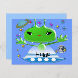 Cute Green Outer Space Aliens with Space Ship Postcard