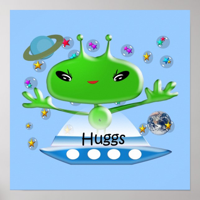 Cute Green Outer Space Aliens with Space Ship Poster (Front)